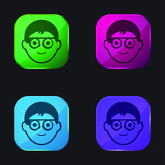 Boy Face With Circular Eyeglasses And Google Glasses four color glass button icon