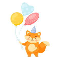 Cute cartoon fox character with air balloons. Birthday card. vector illustration