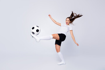 Pass Full body profile photo of crazy defender lady player soccer team kick leg ball yelling...