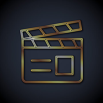 recommend clip art: Gold line Movie clapper icon isolated on black background. Film clapper board. Clapperboard sign. Cinema production or media industry. Vector