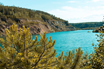 Beautiful View of blue turquoise lake, yellow green pine branches and forest on shore on summer day, landscape, nature