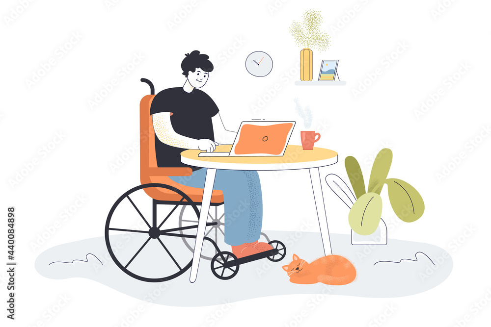 Aufkleber disabled man working remotely on computer. invalid in wheelchair working from home flat vector illus