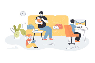 Single father giving food to child. Son playing computer game, cartoon family at home together flat vector illustration. Family, parenting concept for banner, website design or landing web page