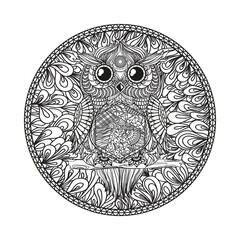 Mandala with owl. Zentangle. Hand drawn abstract patterns on isolation background. Design for spiritual relaxation for adults. Zendala. Outline for tattoo, printing on t-shirts, posters and other