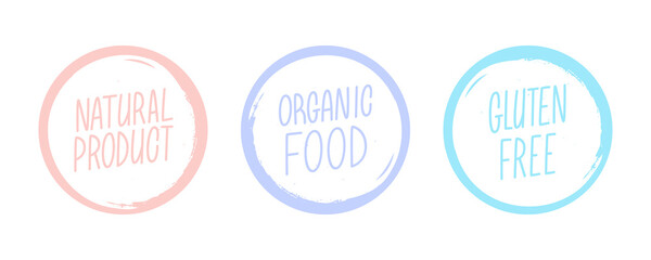 Organic food, natural product, gluten free circle labels, stickers templates with hand drawn text and brush strokes. Vector illustration.