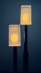 The lamp is a night light on a black rack. Rectangular plafonds with yellow warm light. Soft...
