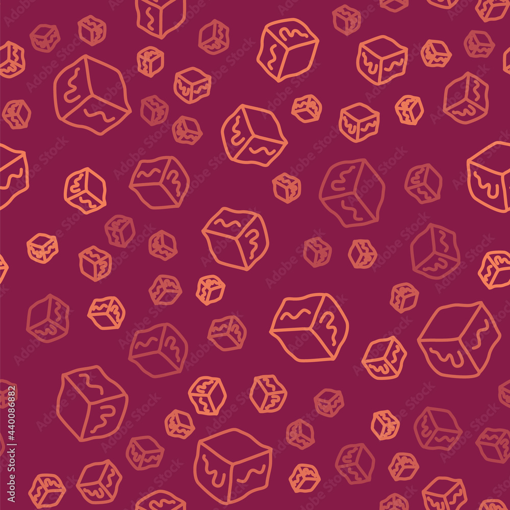 Poster brown line isometric cube icon isolated seamless pattern on red background. geometric cubes solid ic