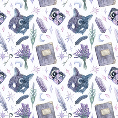 Light watercolor pattern about witchcraft. Hand-drawn background. Mysticism, spell book, feathers, herbs. Texture for design, textiles, decoration, wallpaper, scrapbooking, wrapping paper, fabrics.