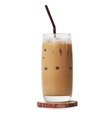 Fresh Iced coffee latte in long glass with straw put on a small wooden cutting board.  piece of ...