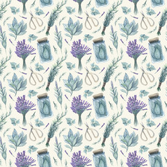 Light watercolor pattern with herbs and leaves. Hand-drawn background. Plants, scissors, lavender. Texture for design, textiles, decoration, wallpaper, scrapbooking, wrapping paper, fabrics.
