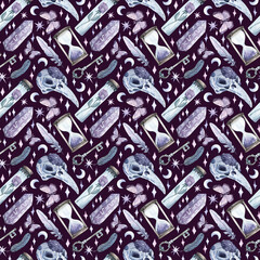 Dark watercolor pattern on the theme of witchcraft. Hand-drawn background. Skull, magic, crystals. Texture for design, textiles, decoration, wallpaper, scrapbooking, wrapping paper, fabrics.