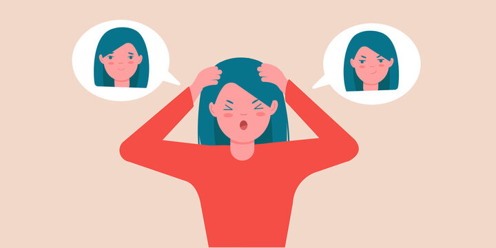 The girl has a split personality. Bipolar mental disorder. Different mood. Psychology. Dual personality concept. Vector illustration