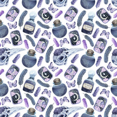 Light watercolor pattern on the theme of witchcraft. Hand-drawn background. Potions, magic, crystals. Texture for design, textiles, decoration, wallpaper, scrapbooking, wrapping paper, fabrics.