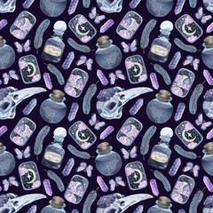 Dark watercolor pattern on the theme of witchcraft. Hand-drawn background. Potions, magic, crystals. Texture for design, textiles, decoration, wallpaper, scrapbooking, wrapping paper, fabrics.