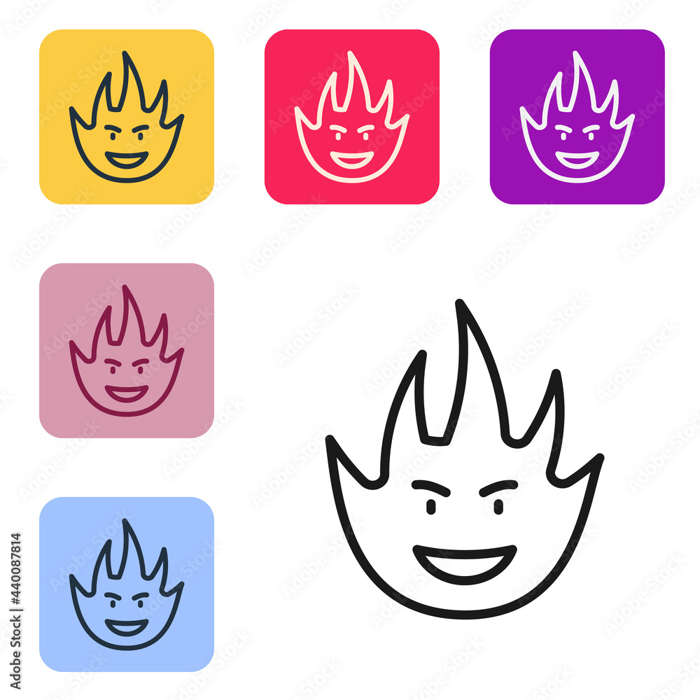 Poster black line fire flame icon isolated on white background. set icons in color square buttons. vector