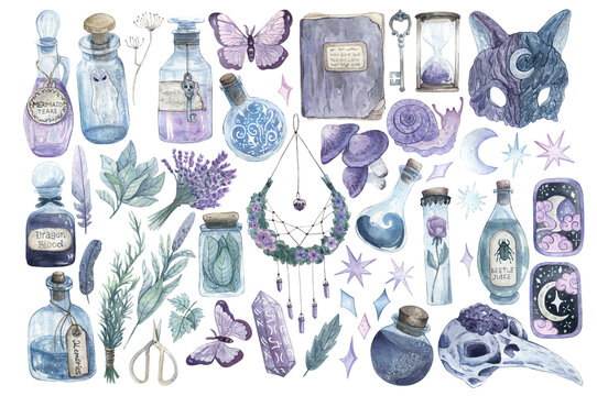 Watercolor clip-art with mystical items, ingredients, herbs, potion bottles and stars. Hand drawn set of illustrations for decoration, stickers, design, scrapbooking, stationery, postcards, etc.