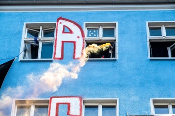 Fire protection test in the Rigaer STrasse 94 in Berlin on the 17 July 2021. The police tried to...