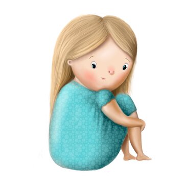 cute little girl hand drawn clipart, children's illustration with funny cartoon character