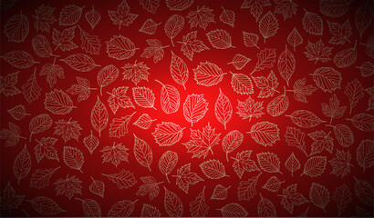 Autumn background of leaf outlines on a red background, highlighted in the center. Background with shadow on the sides