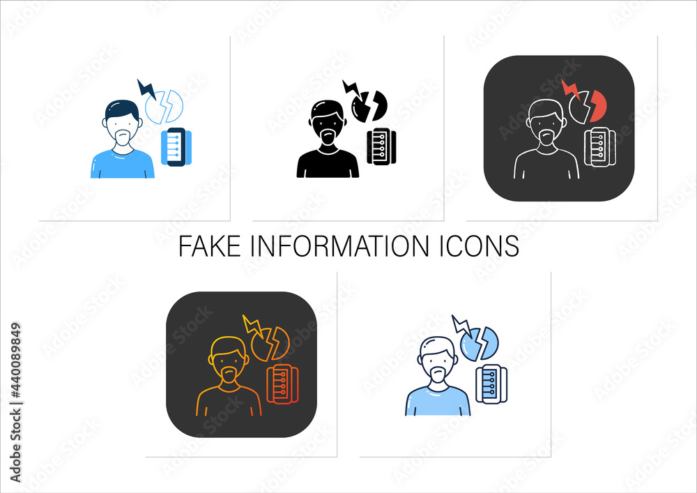 Poster fake information icons set. contradictions and inaccuracies in available information. information ov