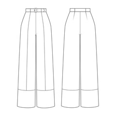 Fashion technical drawing of high waist wide leg trousers. 