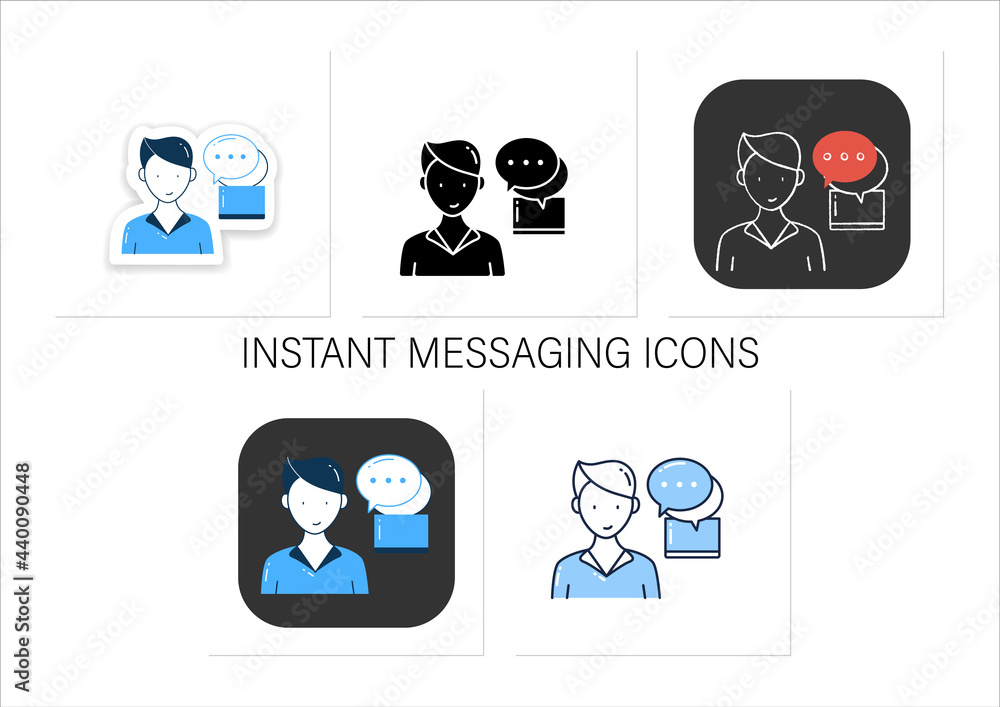 Poster instant messaging icons set. momentary messaging on social networks badge for designs. collection of