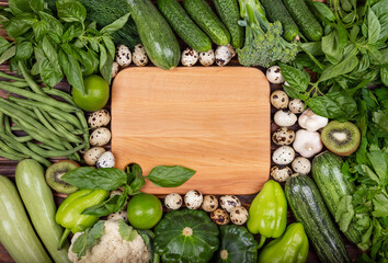 Composition with healthy vegetarian meal ingredients. Raw food concept. A variety of organic fruits...