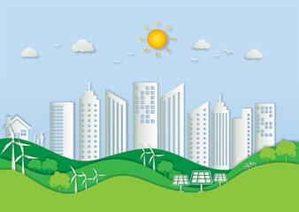 green cityscape and ecology background paper art stype. Ecology and environment conservation. Vector illustration in craft concept.
