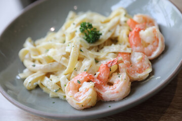 Spaghetti fettucini cream sauce with shrimp , Italian food