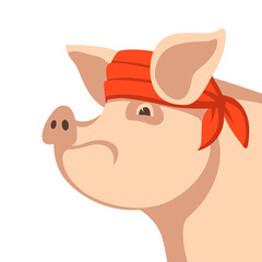 face funny pig in  hat, vector illustration,  flat style, front