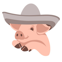 face funny pig in  hat, vector illustration,  flat style, front