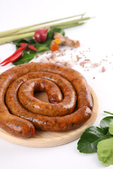 Local Northern Thai food , Northern Thai spicy sausage street food isolated in white background