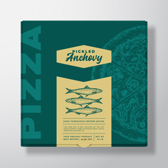 Pizza with Seafood Anchovy Fish Realistic Cardboard Box Mockup. Abstract Vector Packaging Design or Label. Modern Typography, Sketch Food and Color Paper Background Layout. Isolated