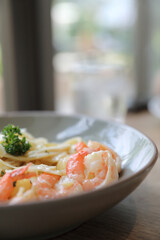 Spaghetti fettucini cream sauce with shrimp , Italian food