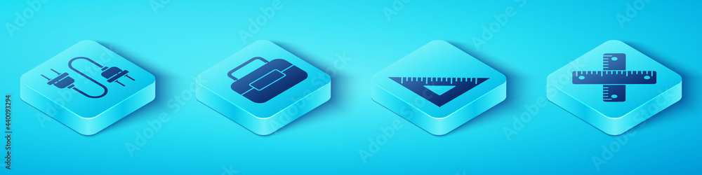 Poster set isometric electric plug, toolbox, crossed ruler and triangular ruler icon. vector