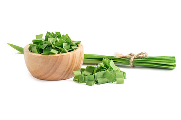 Pandan leaf and slice in wooden bowl isolated on white background with clipping path.