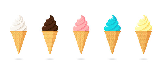 Delicious multicolor ice cream in waffle cone set. Vanilla chocolate and pistachio strawberry taste isolated twisted ice-cream on white background. Cute flat cartoon style product design illustration