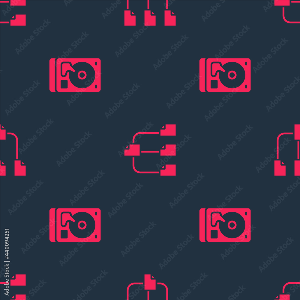 Poster set hard disk drive hdd and folder tree on seamless pattern. vector
