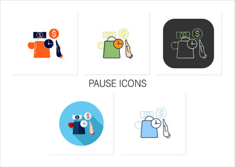 Pause icons set. Pause before purchasing. Waiting before shopping. Thoughtful spending money. Mindful spending.Collection of icons in linear, filled, color styles.Isolated vector illustrations