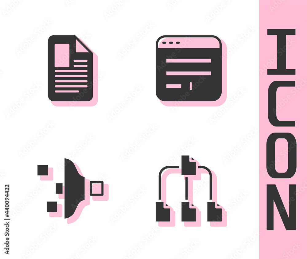 Poster set folder tree, file document, filter setting and browser window icon. vector