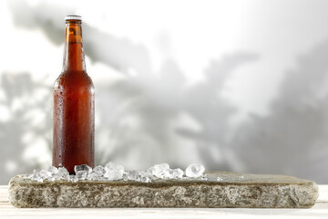 Beer on the table on a summer day with leaf shadows on the wall and ice cubes 