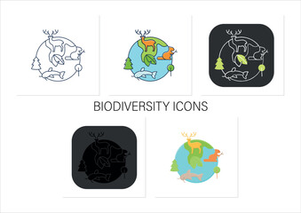 Biodiversity icons set.Variety,life variability on Earth. Different animals,plants kinds. Underwater ecosystem.Collection of icons in linear, filled, color styles.Isolated vector illustrations