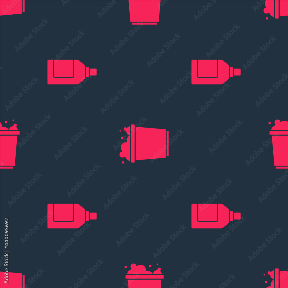Poster set bottle for cleaning agent and bucket with foam on seamless pattern. vector