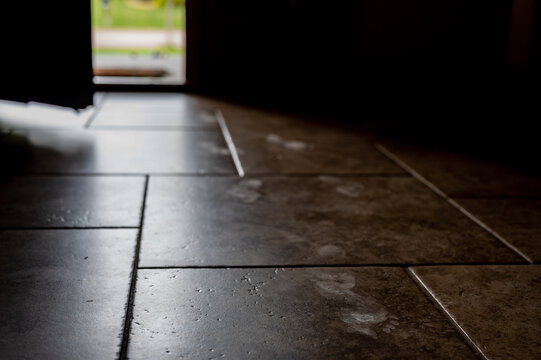 Track Of Small Child Footprints Visible On A Tile Floor With An Open Door Letting In Light In The Background