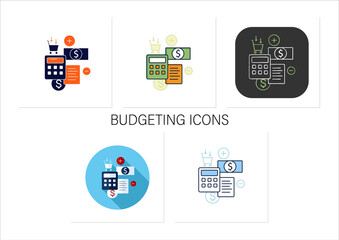 Track spending icons set. Money spent calculations. Keep accounts track. Thoughtful spending money. Mindful spending.Collection of icons in linear, filled, color styles.Isolated vector illustrations