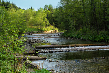 mountain river with wooden cascades in Gorce Mountains, Poland