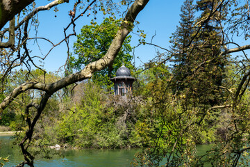 Kiosk of the Emperor on the island of the lower lake in the Bois de Boulogne - Paris, France. It...