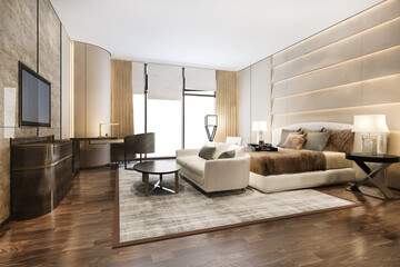 3d rendering beautiful comtemporary luxury bedroom suite in hotel with tv and sofa