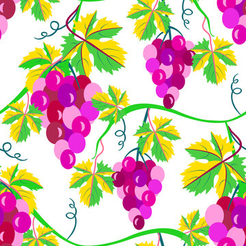 Grape berries with vine leaves, seamless pattern.