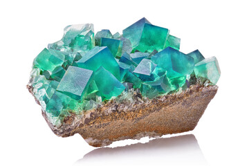 Amazing macro closeup of green blue rare fluorite mineral specimen isolated on white background....